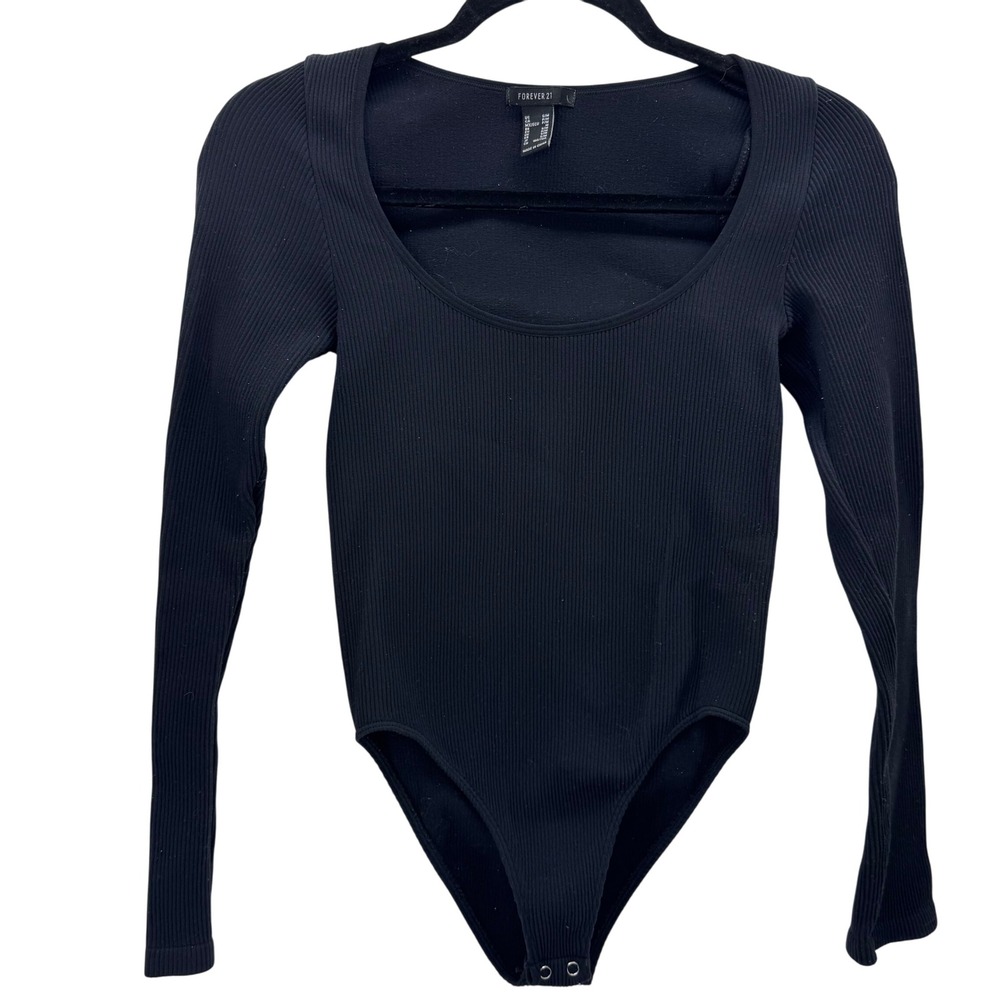 Forever 21 Women's S/M Black Ribbed Long Sleeve Scoop Neck Bodysuit Stretchy‎